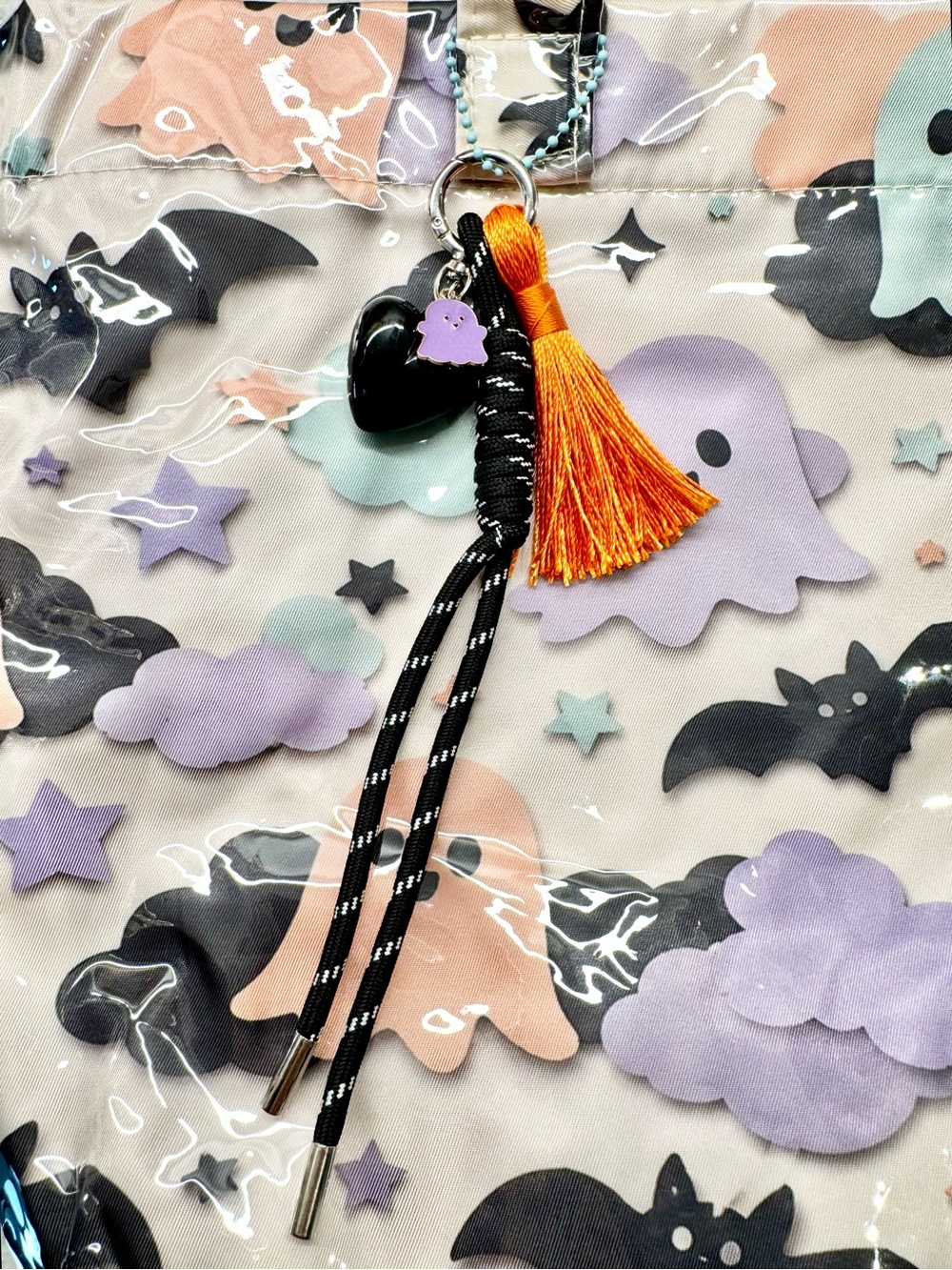 New Halloween Pastel Ghosts & Bats PVC Handbag Purse Tote Bag w/ Charm - Picture 8 of 10